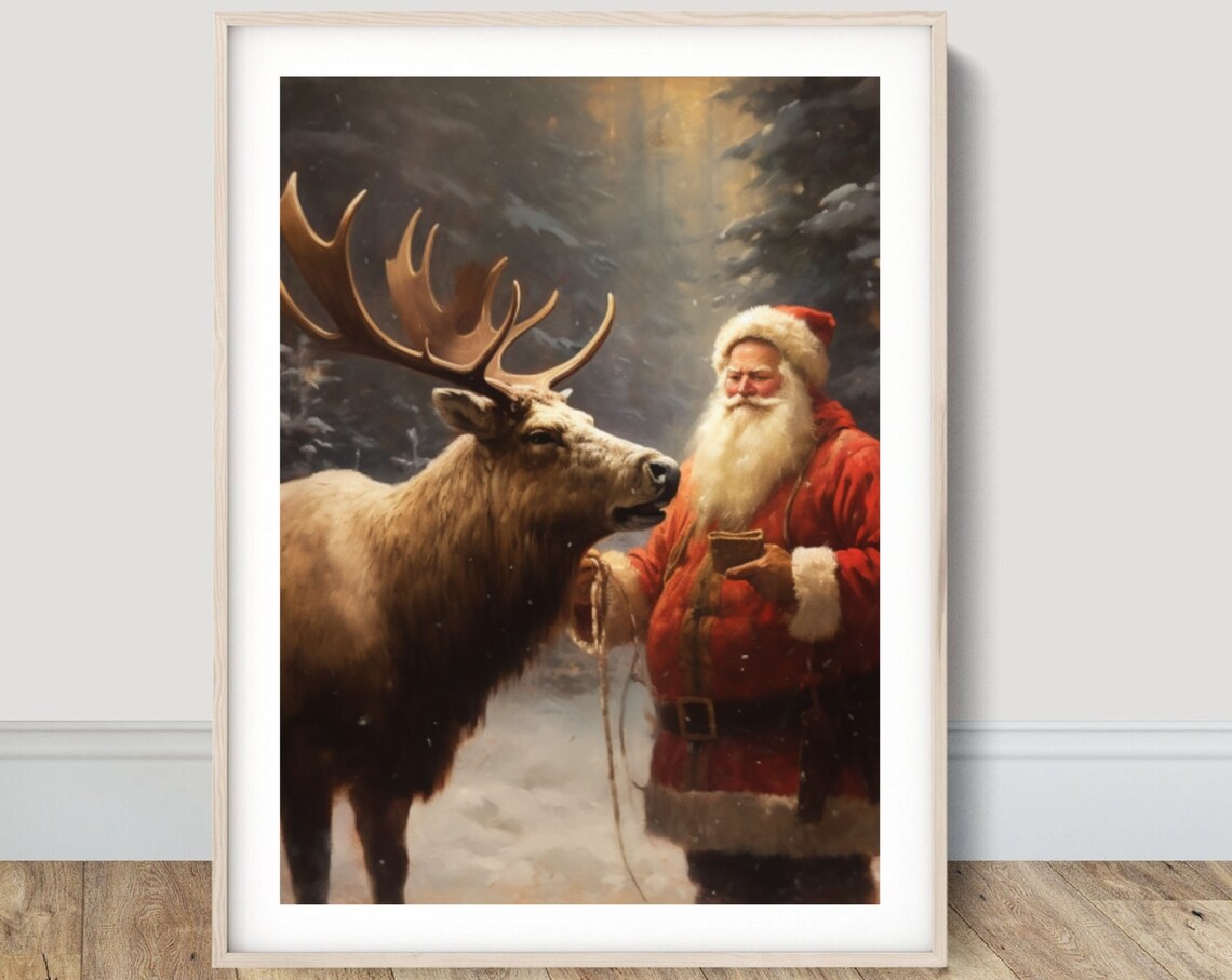 Santa Claus Feeding Reindeer in Snowy Forest Christmas Poster