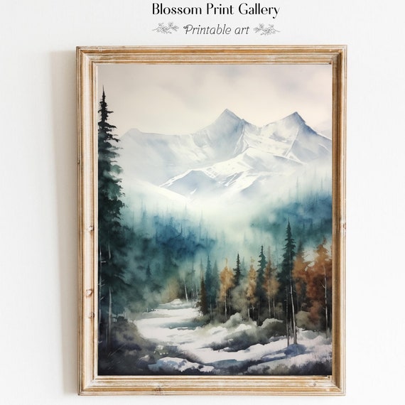 Dark Winter Forest Landscape Fall Vintage Moody Mountain Art Print Rustic Muted Landscape Poster Cabin Decor 769