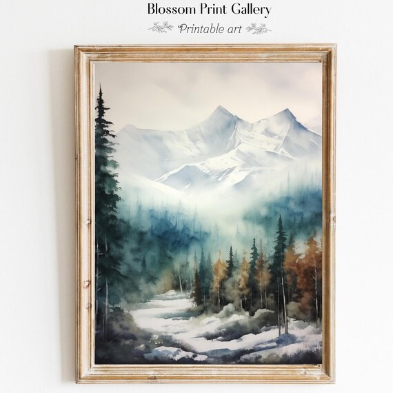 Misty Snowy Mountain Forest Watercolor Winter Landscape Poster