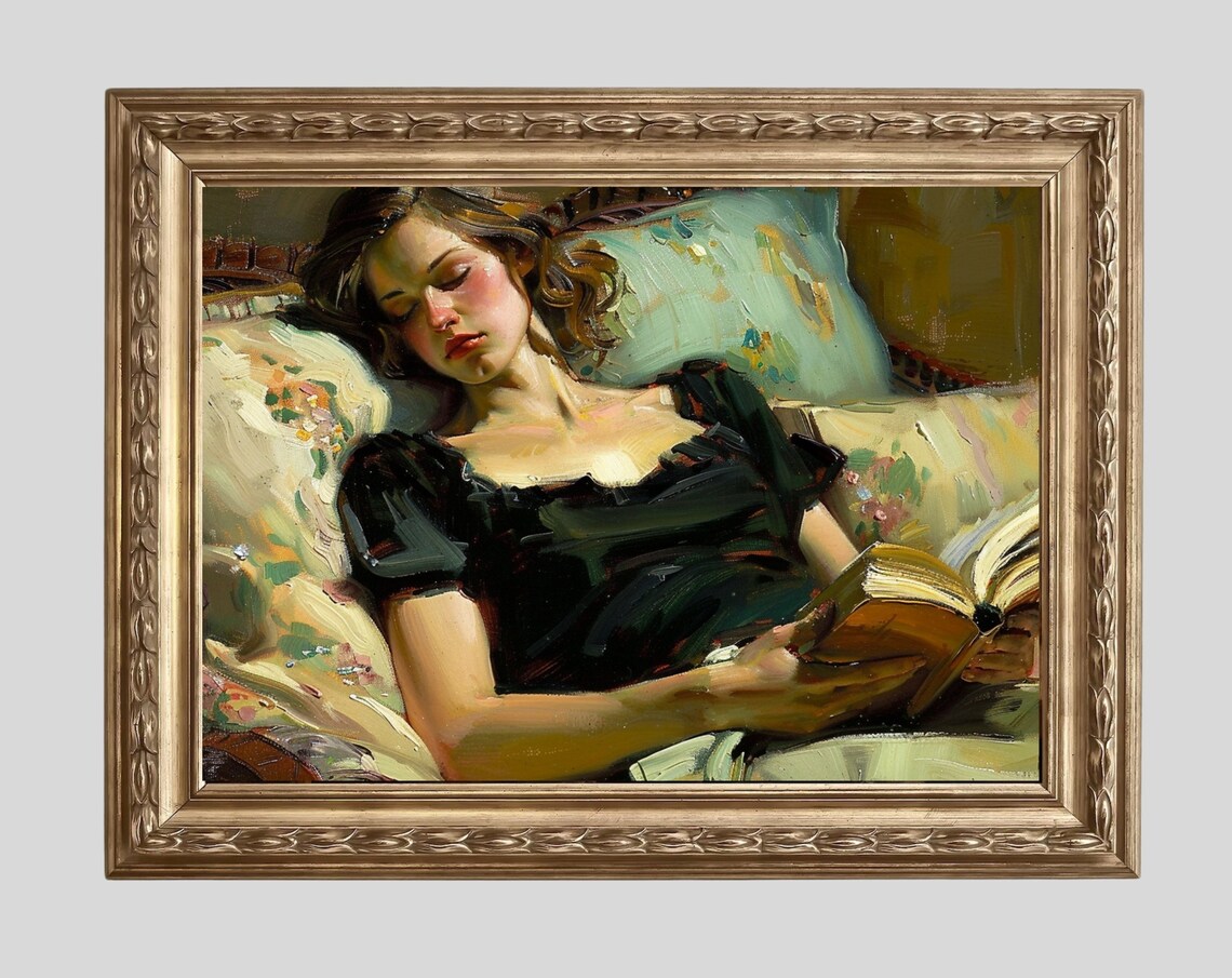 Young Woman Reading Book On Floral Chaise Vintage Oil Poster