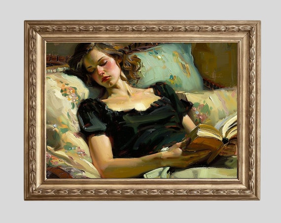 Antique Portrait Woman Reading Vintage Book Art Vintage Moody Print Bedroom Wall Decor Still Life Decor Muted Tones 592