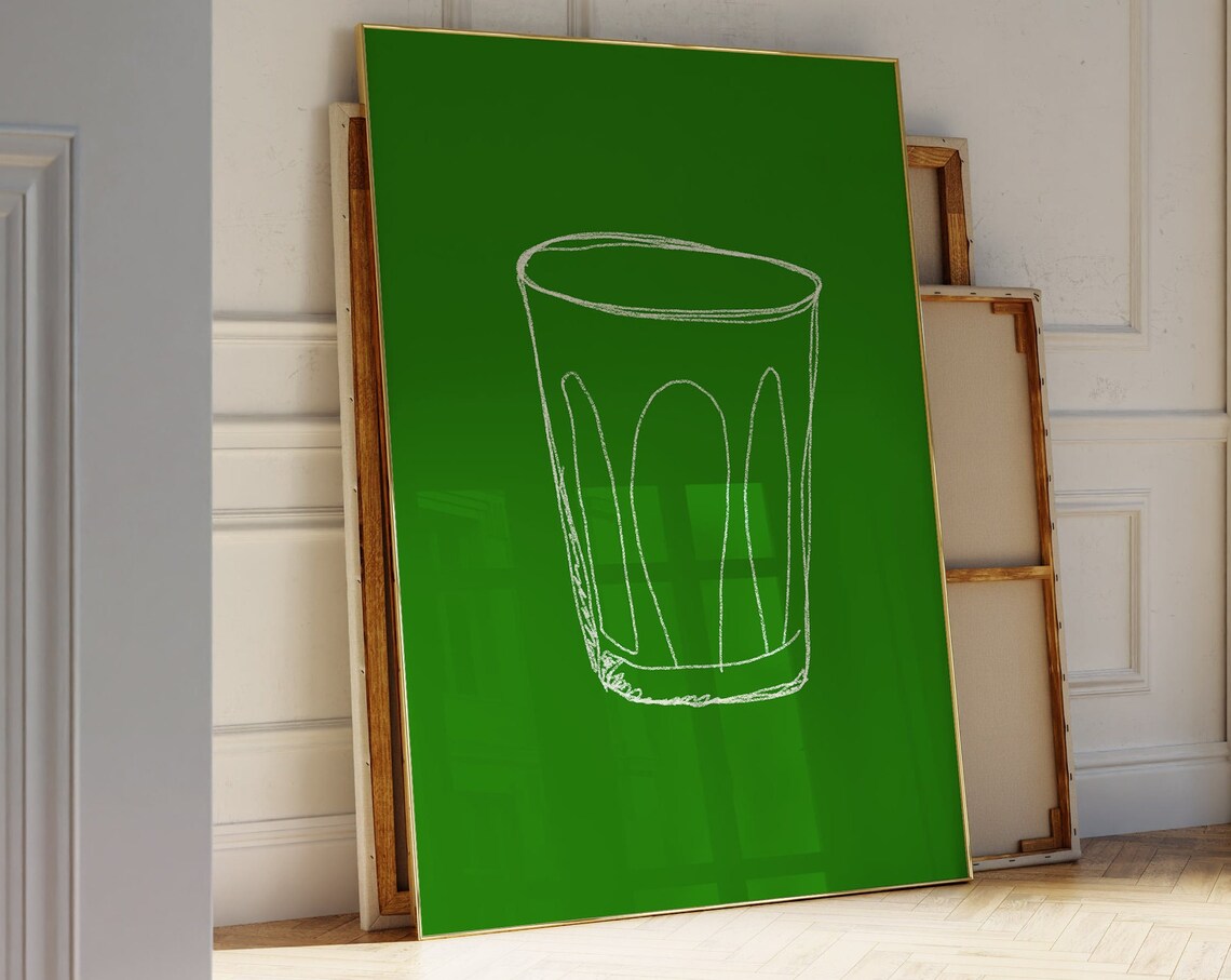 Minimalist White Line Glass Drawing on Green Modern Art Poster