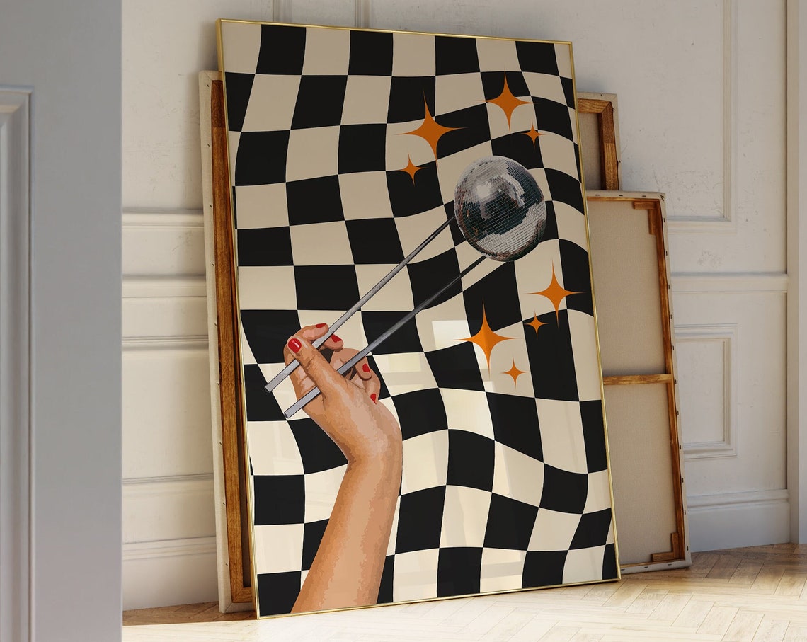 Retro Disco Ball on Wavy Checkerboard 70s Disco Party Poster