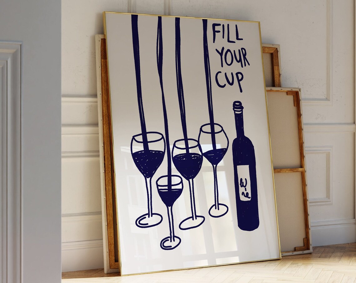 Navy Wine Kitchen Vintage Drinks Art Print
