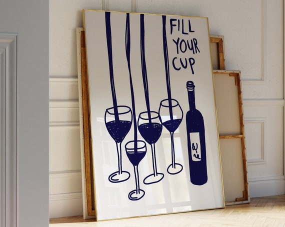 Navy Wine Kitchen Vintage Drinks Art Print