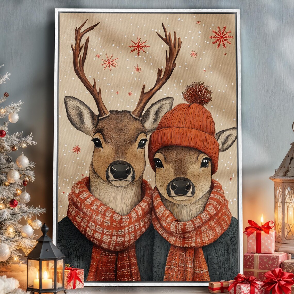 Festive Reindeer Duo With Scarves Knit Hat Christmas Portrait Poster