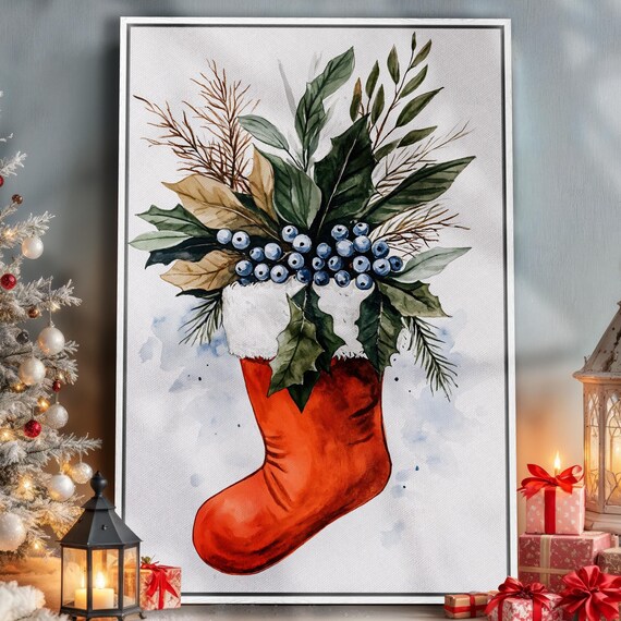 Red Christmas Stocking Holly Blueberries Watercolor Holiday Poster