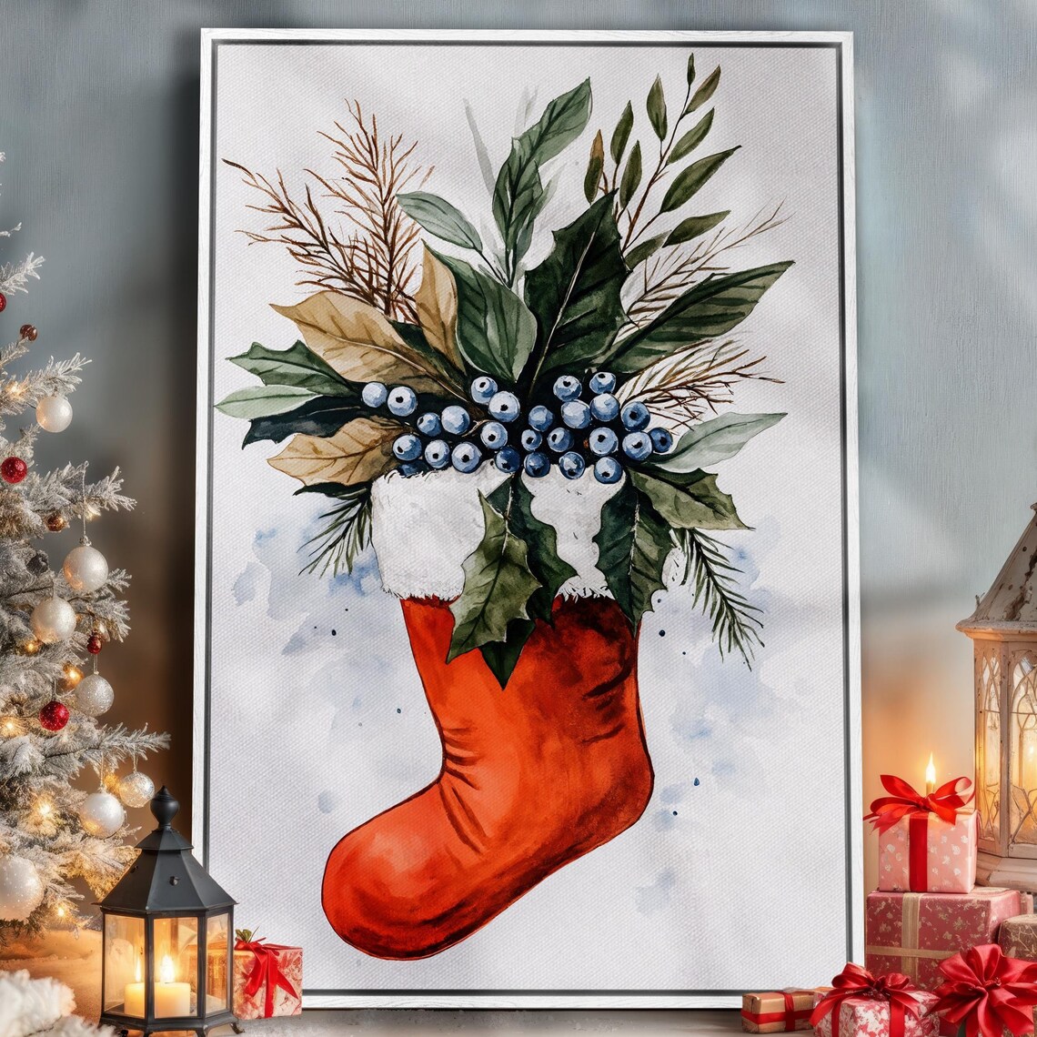Red Christmas Stocking Holly Blueberries Watercolor Holiday Poster