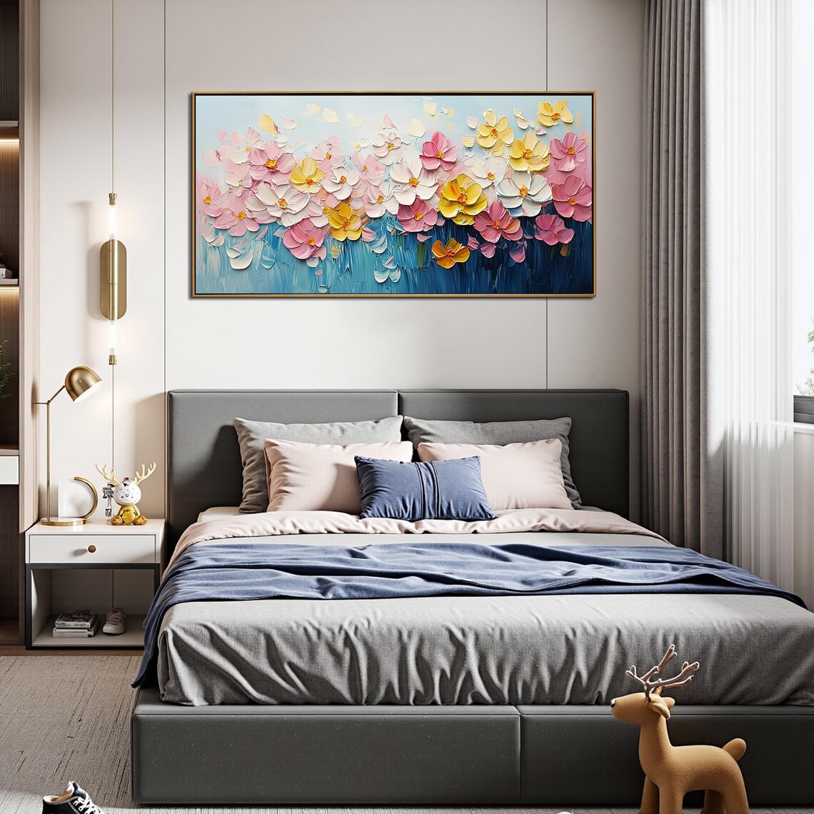 Pastel Pink Yellow Flowers Blue Background Impasto Floral Art Poster - Image 3