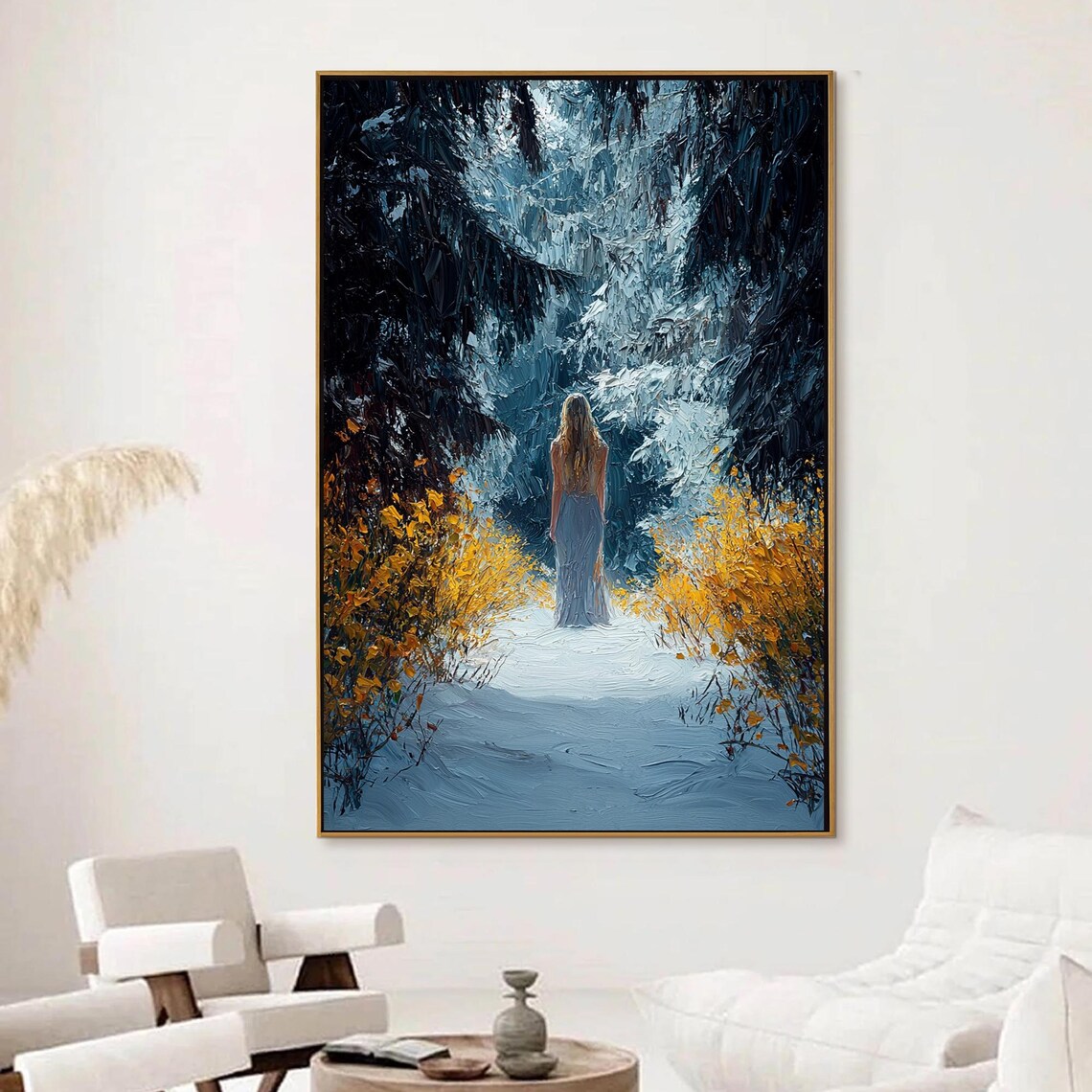 Woman In Snowy Forest Path Impasto Oil Painting Winter Landscape With Yellow Flowers Wall Art Figure In Woods Art Large Wall Art - Image 2