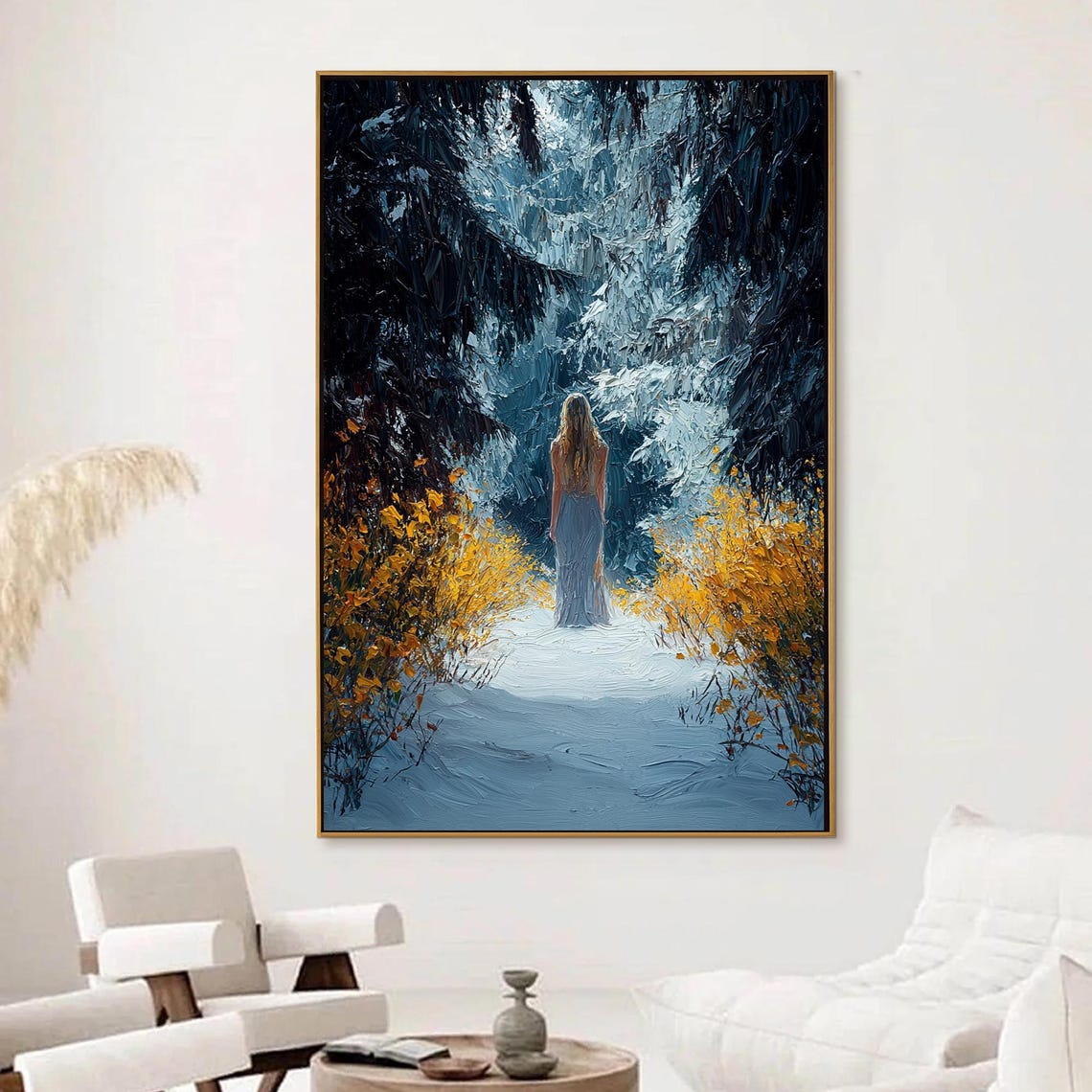 Woman Walking Snowy Forest Path Winter Landscape Impasto Art Poster - Image 2
