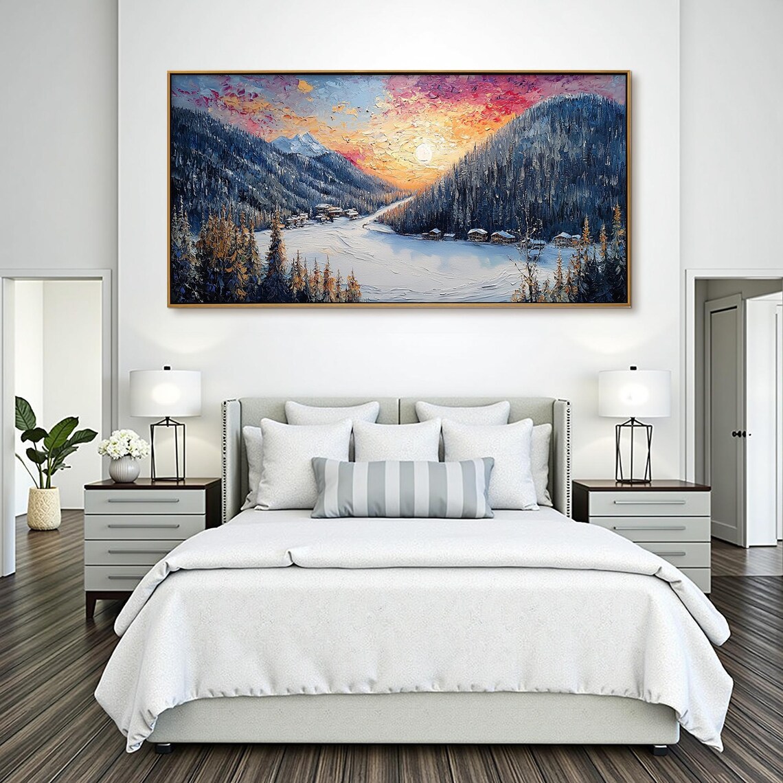 Winter Mountain Village Sunset Snow Cabins Pink Sky Art Poster - Image 3