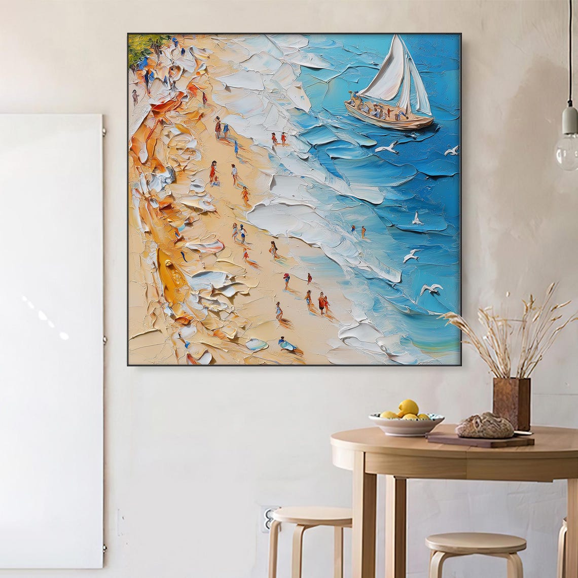 Aerial Beach Crowd Sailboat Turquoise Sea Impasto Coastal Art Poster - Image 3
