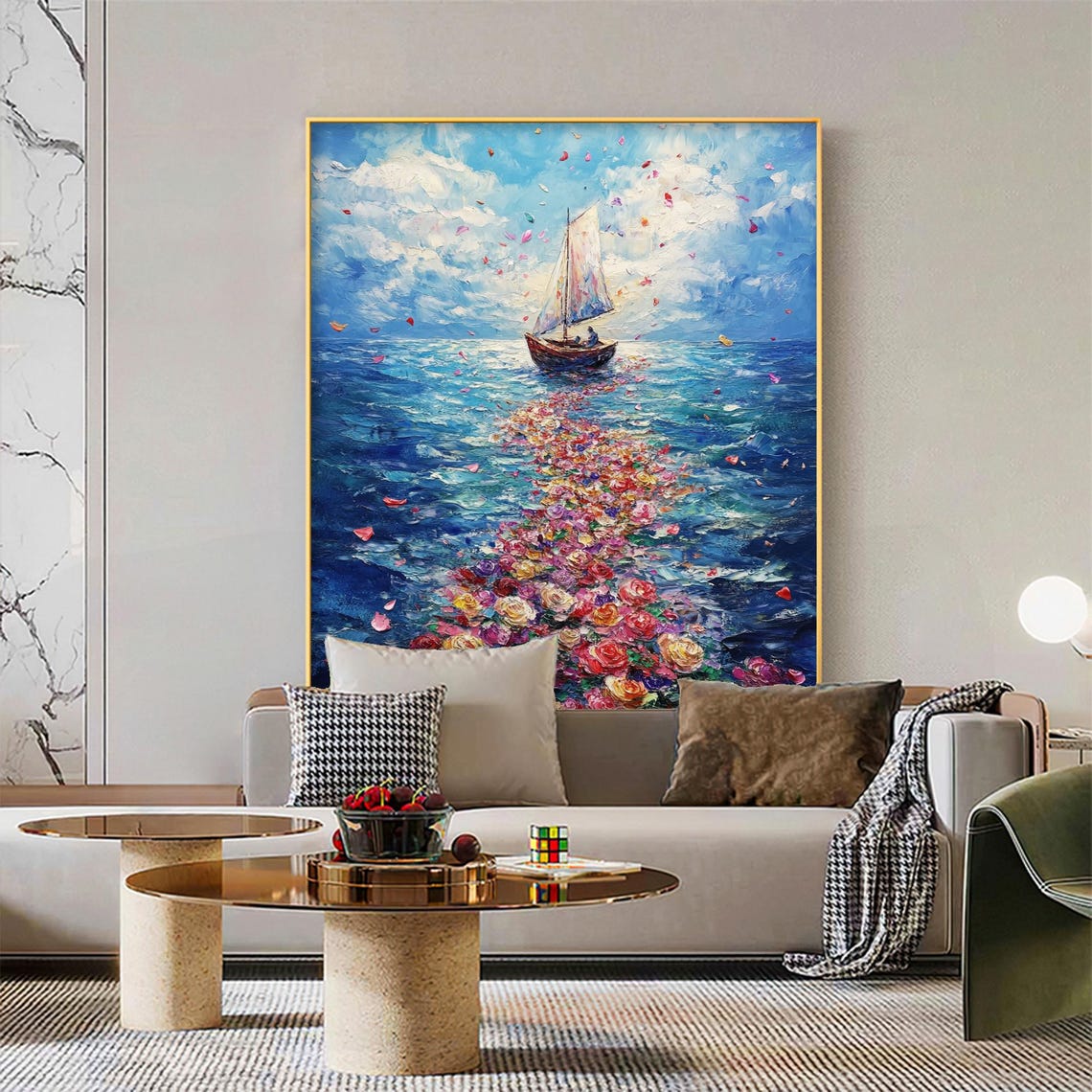 Sailboat Trailing Roses Ocean Impasto Romantic Seascape Art Poster - Image 4