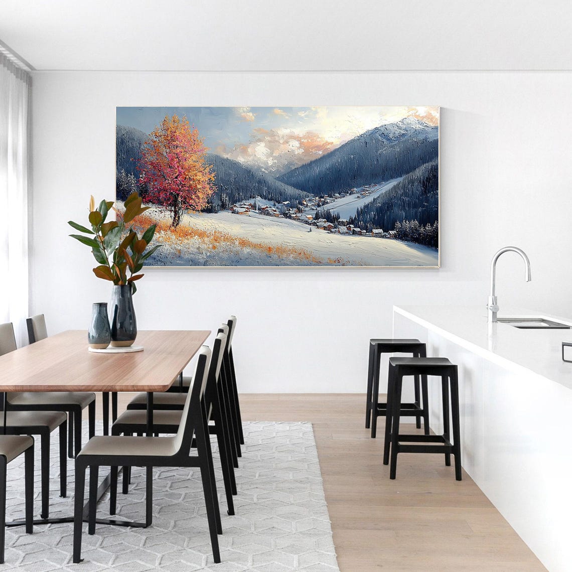 Snowy Mountain Village Red Tree Winter Landscape Impasto Art Poster - Image 2