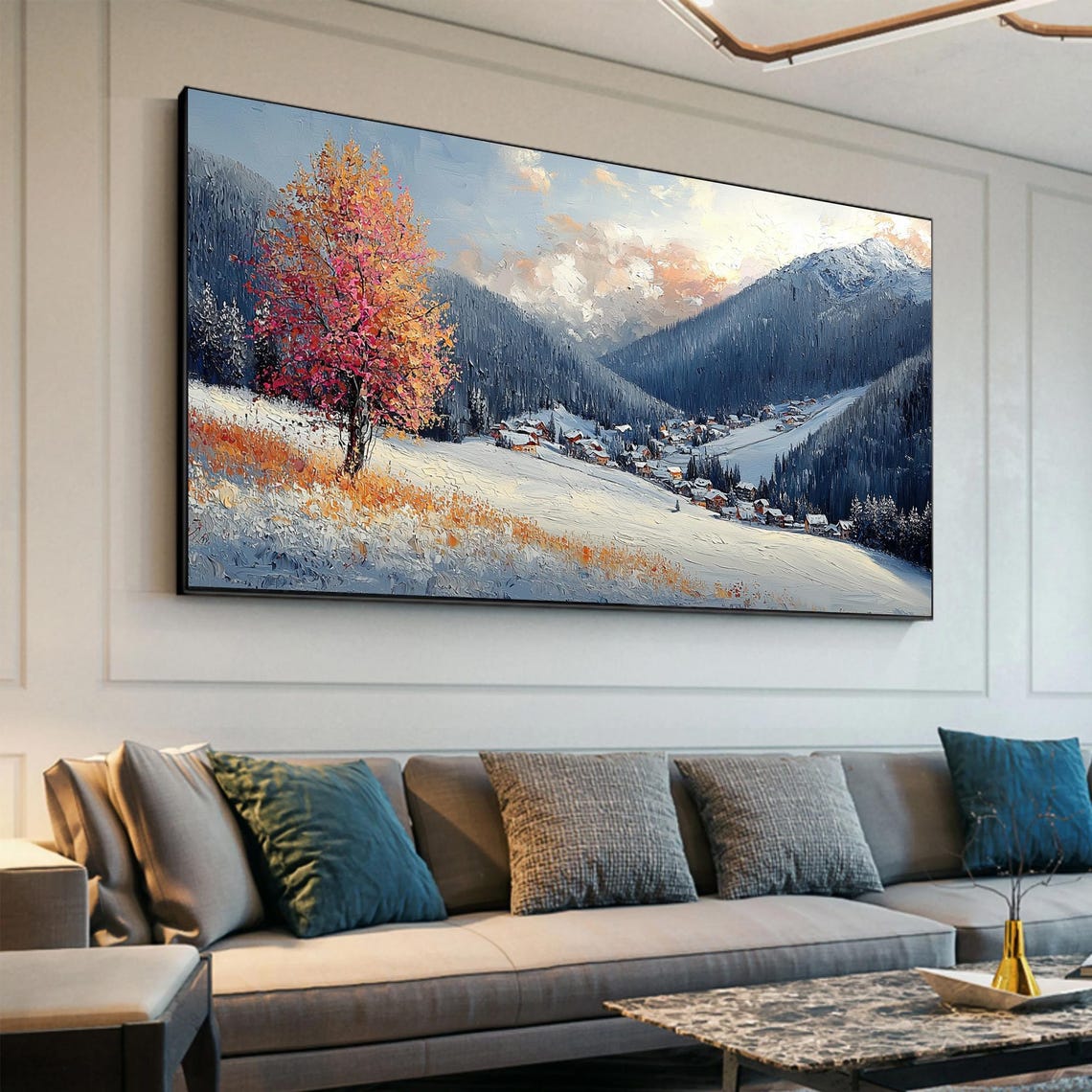 Snowy Mountain Village Red Tree Winter Landscape Impasto Art Poster - Image 4
