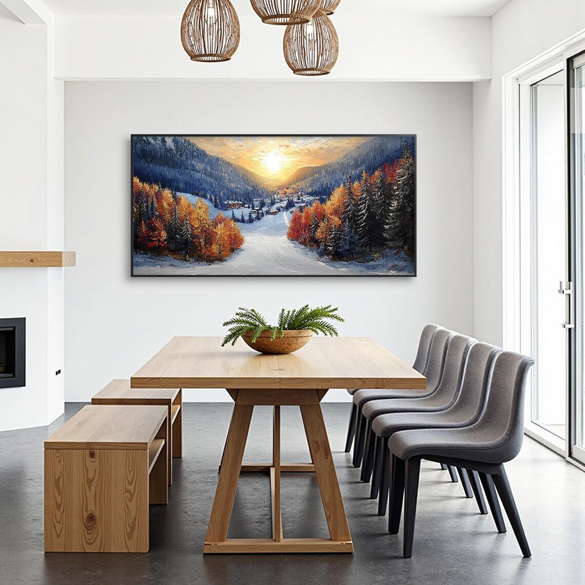 Golden Larch Valley Snow Village Sunset Impasto Winter Art Poster - Image 3