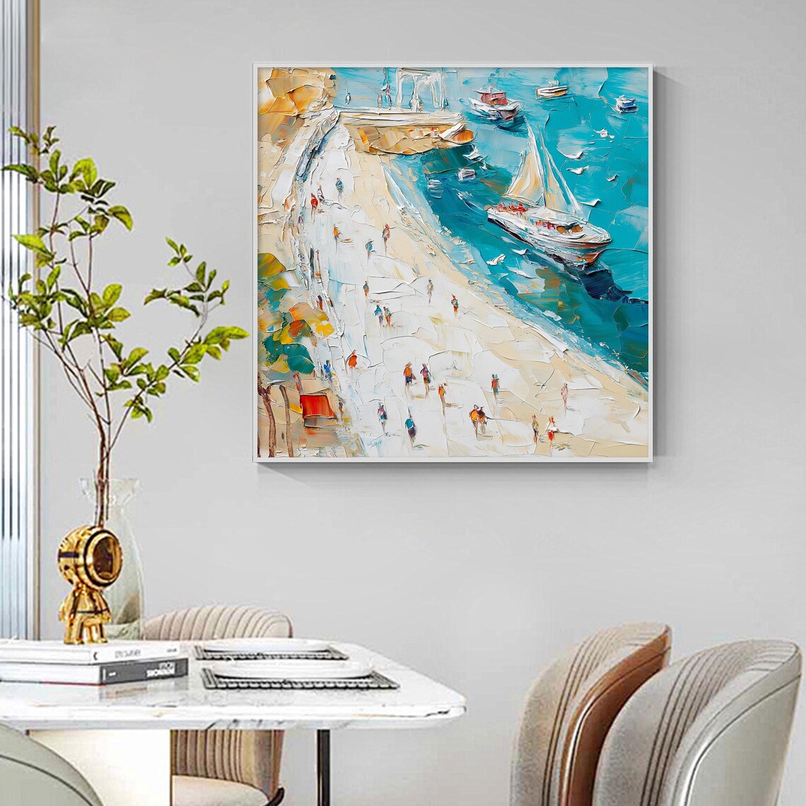 Mediterranean Coastal Town Sailboats Impasto Harbor Scene Art Poster - Image 5