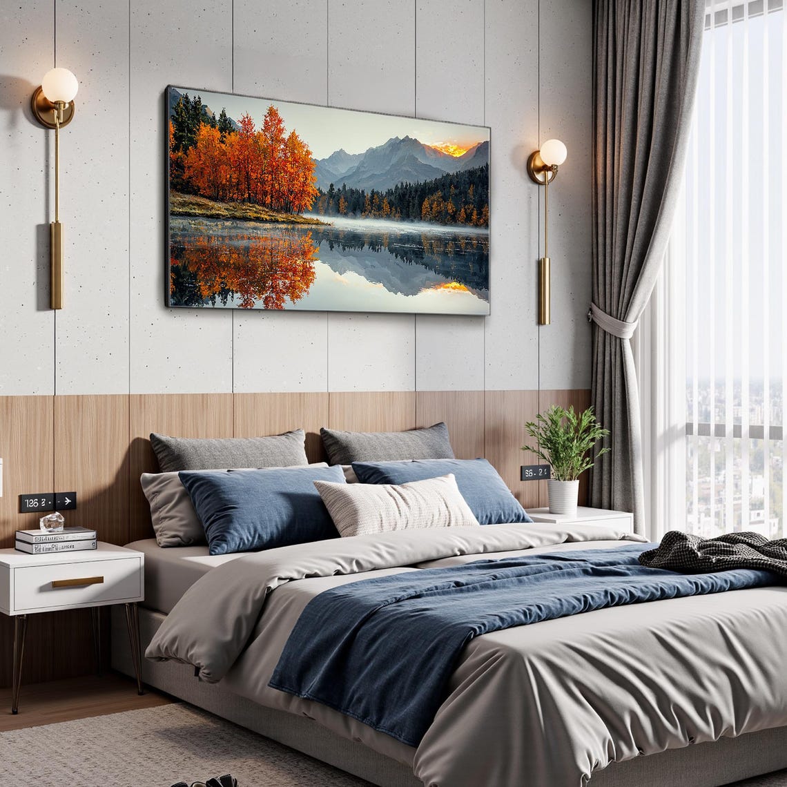 Autumn Mountain Lake Reflection Orange Trees Sunrise Art Poster - Image 3
