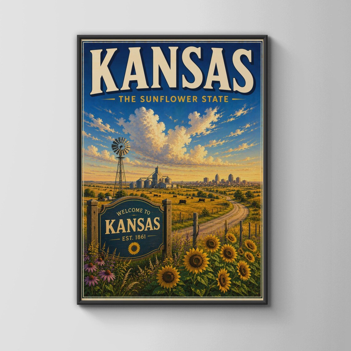 Kansas Travel Poster Sunflower State Windmill Prairie Retro Style