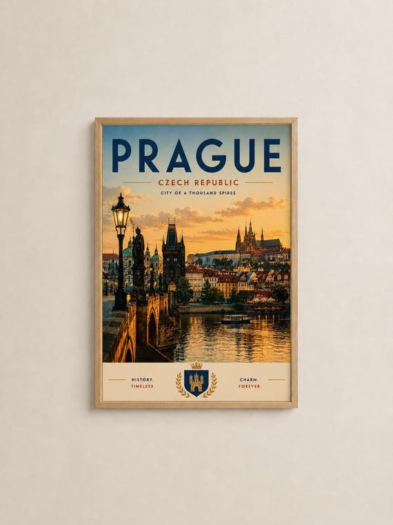 Prague Travel Poster Vintage Czech Republic Wall Art Charles Bridge Skyline Print