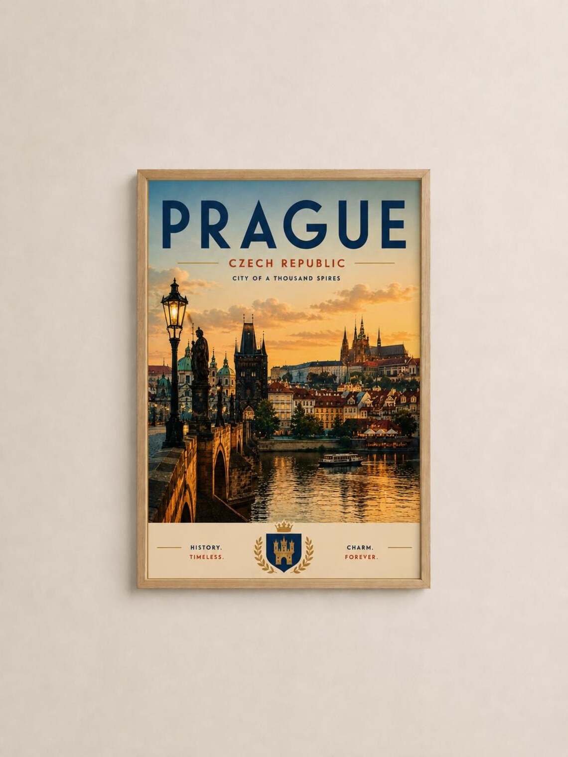 Prague Czech Republic Charles Bridge Thousand Spires Vintage Poster
