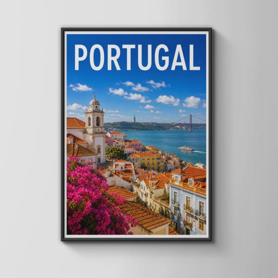 Portugal Travel Poster Lisbon City Print Colourful Wall Art Alfama Skyline Retro Europe Decor