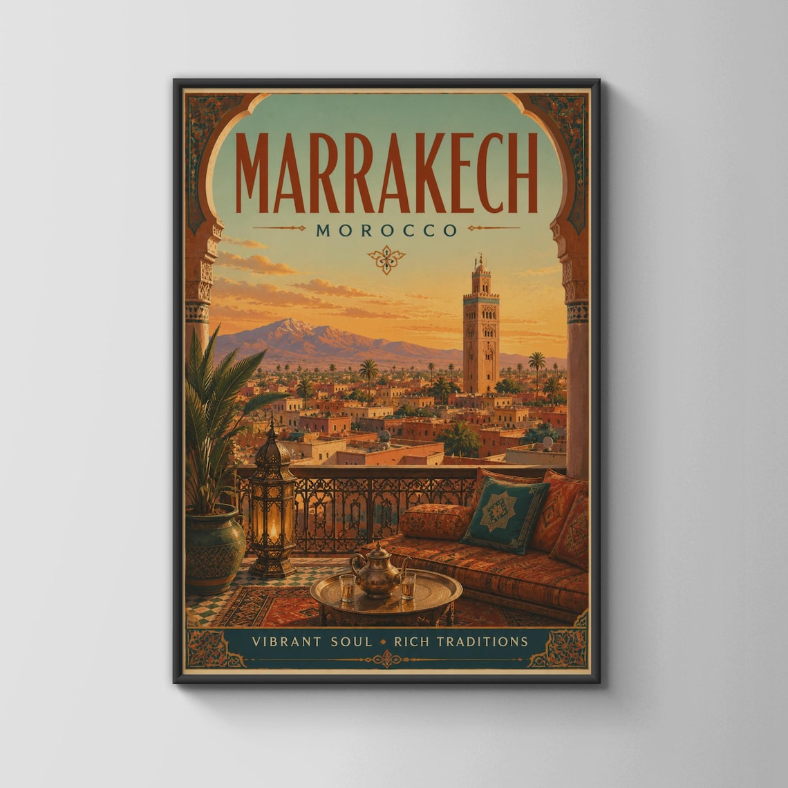 Marrakech Morocco Vintage Travel Poster, Koutoubia Minaret