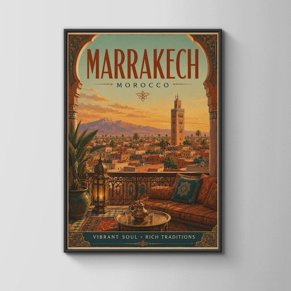 Marrakech Morocco Vintage Travel Poster, Koutoubia Minaret