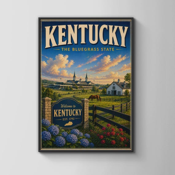 Kentucky Travel Poster Bluegrass State Wall Art Horse Farm Print Retro Usa