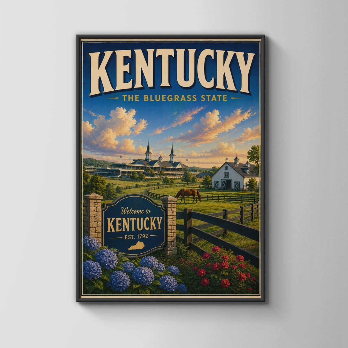 Kentucky The Bluegrass State Poster Horse Farm Retro Travel Decor Art