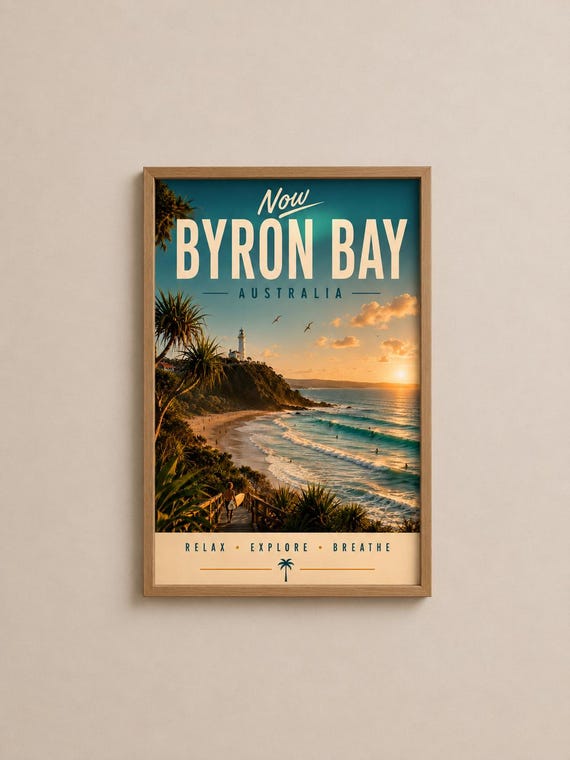 Byron Bay Lighthouse Vintage Travel Poster, Australia