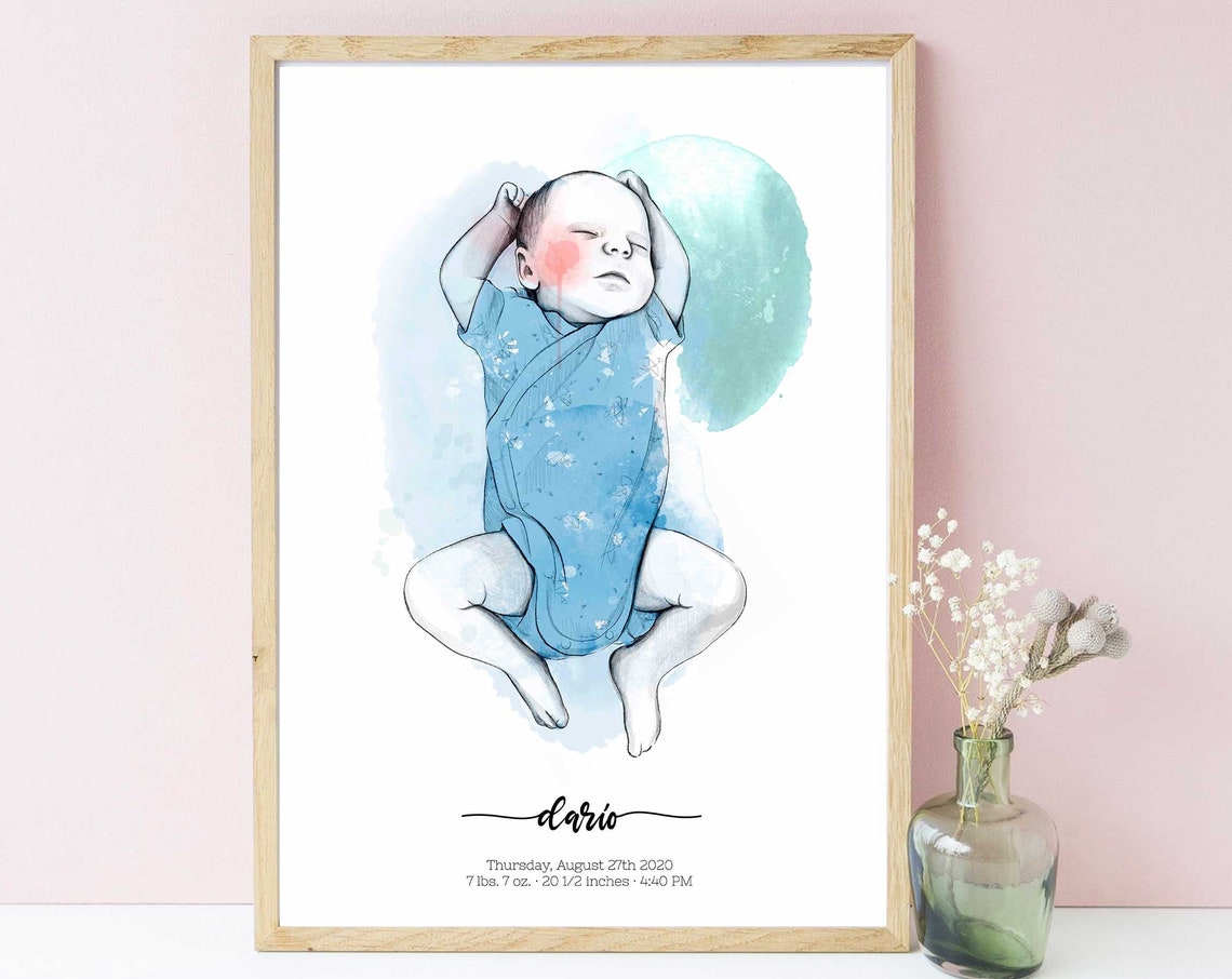 Custom Newborn Baby Watercolor Portrait Birth Details Poster Keepsake