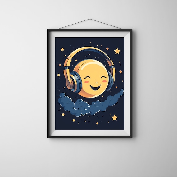 Moon With Headphones Wall Art Poster Original Painting Artwork