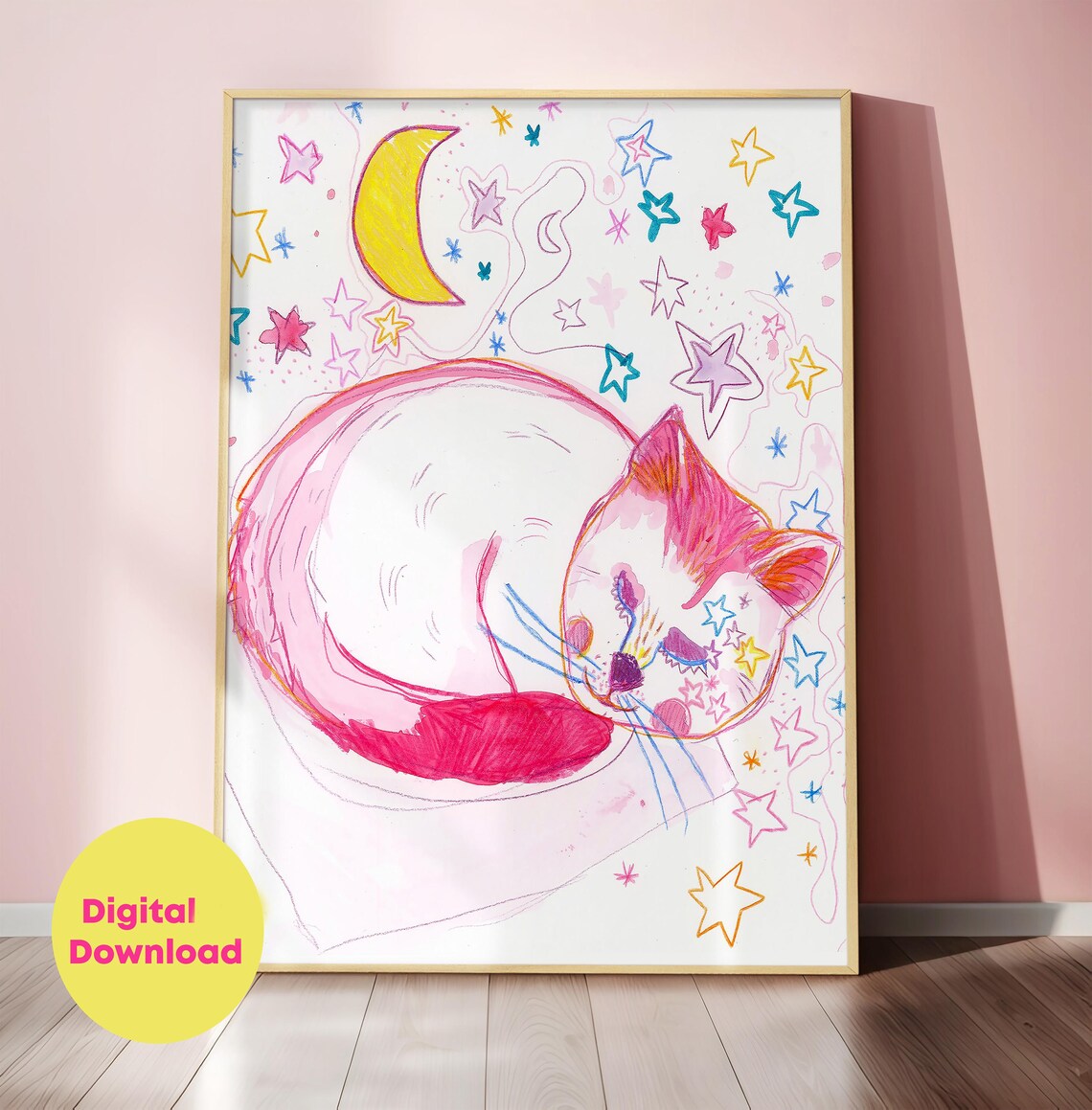 Sleeping Cat, Whimsical Moonlight Poster