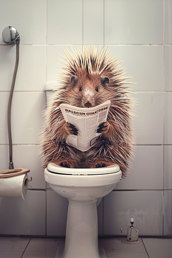 Porcupine Sitting On The Toilet Reading A Newspaper Funny Bathroom Humor Wall Decor Funny Animal Print Home Ai Print