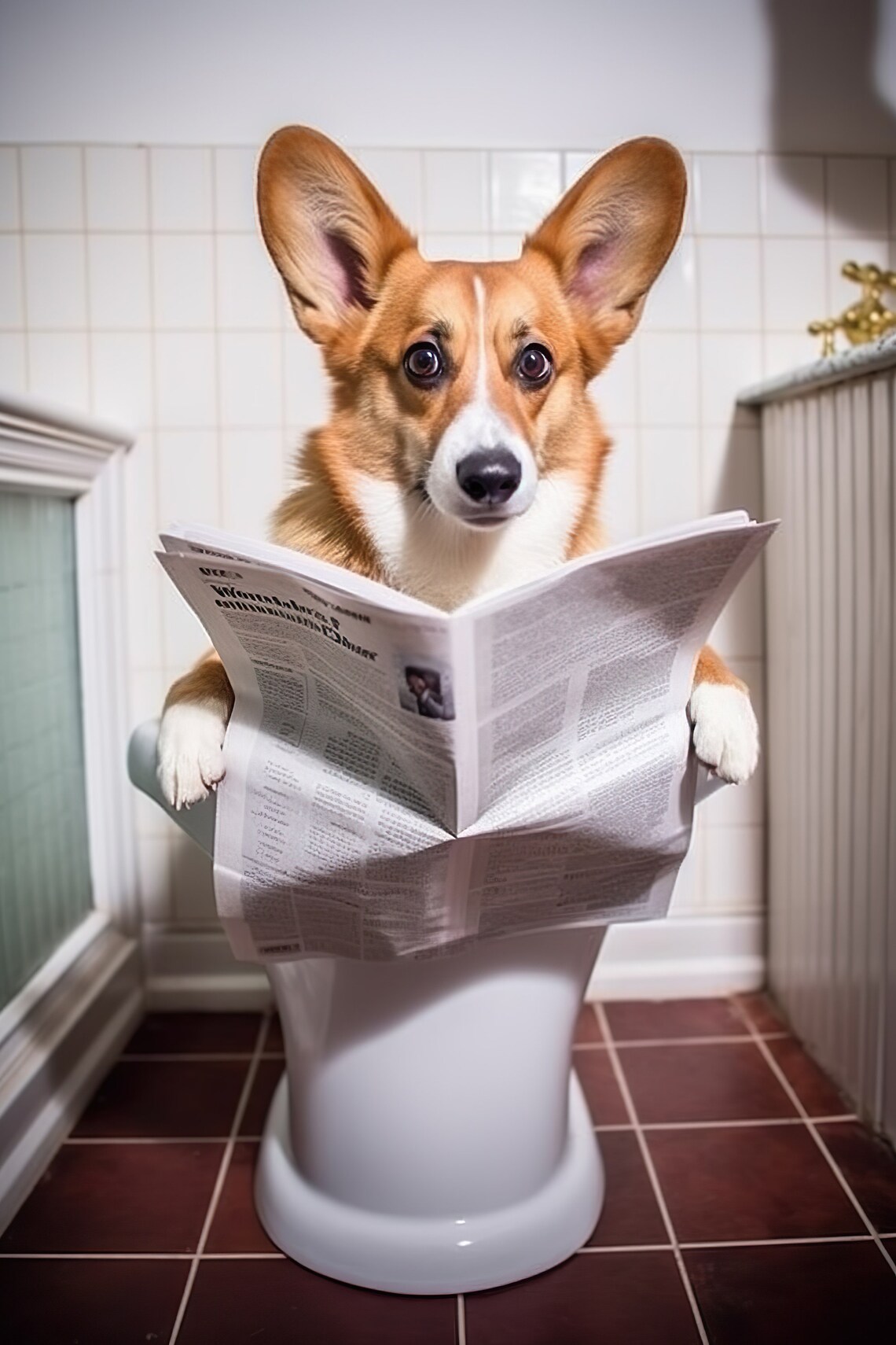 Corgi Reading the Paper, Funny Bathroom Art Print