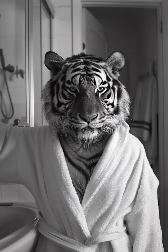 Tiger In A Bathrobe Funny Bathroom Wall Art Quirky Animal Art Funny Tiger In Bath Humor Print Home Ai Wall Art Prints