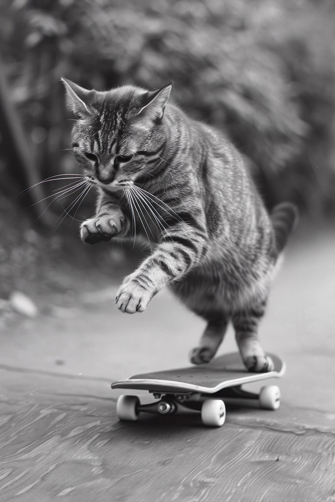 Tabby Cat Riding Skateboard Cute Black And White Photo Print