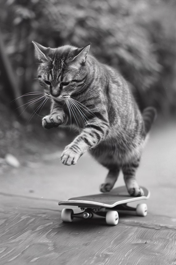 Cat Skateboarding Funny Animal Wall Art Cat On Skateboard Print Funny Vintage Cat Photo Black White Photography Ai Art
