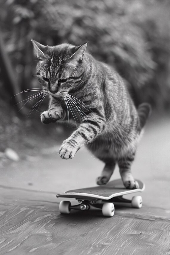 Tabby Cat Riding Skateboard Cute Black And White Photo Print