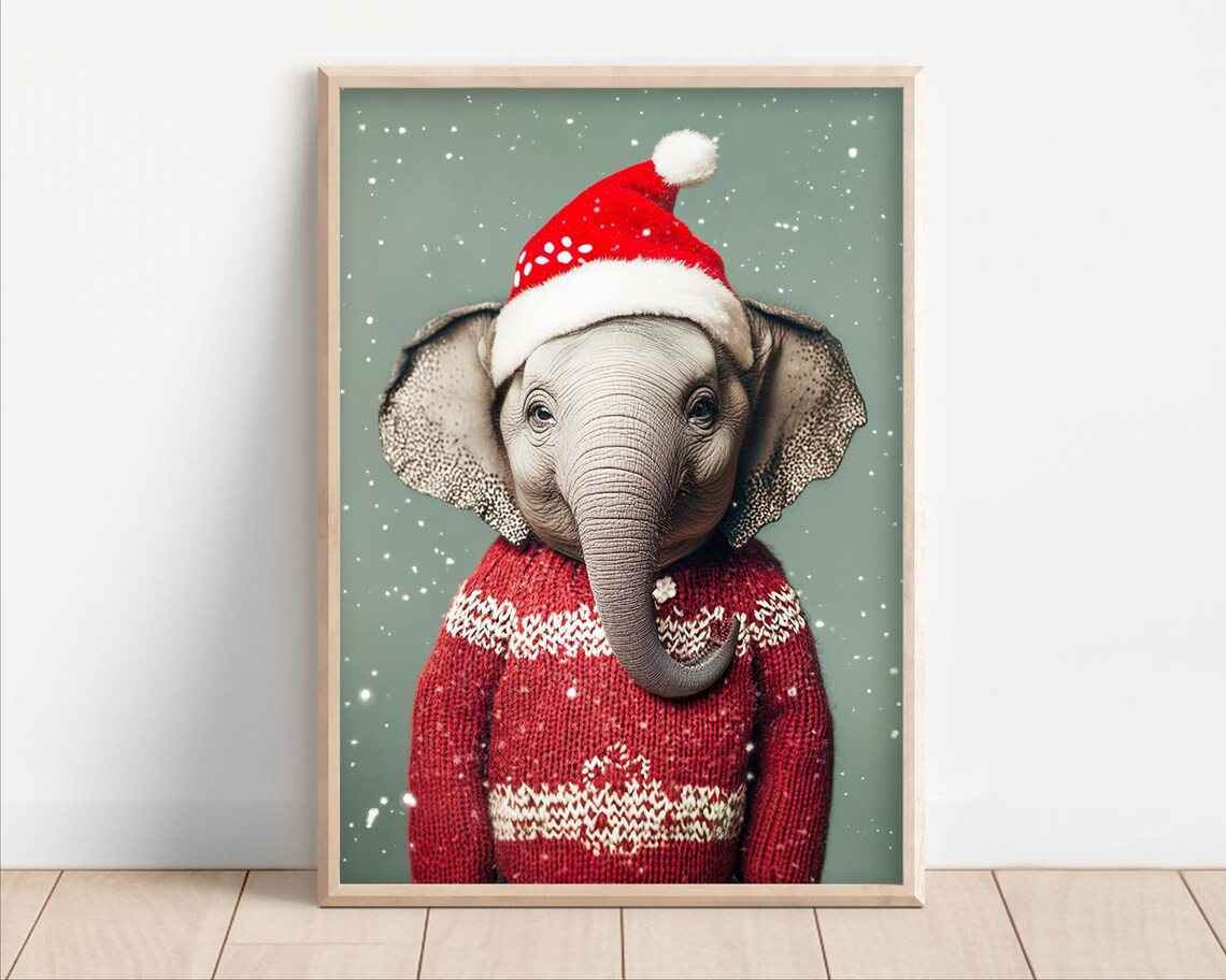 Baby Elephant in Santa Hat and Red Sweater Cute Christmas Winter Poster