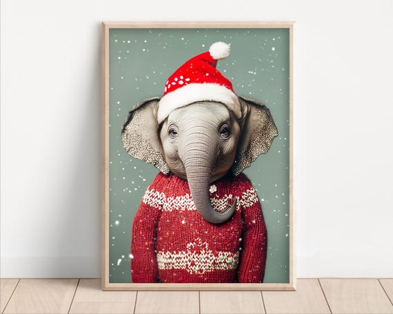 Cute Christmas Elephant Funny Christmas Wall Art Retro Winter Animals Christmas Home Decor Funny Elephant Photo Print Ai Art