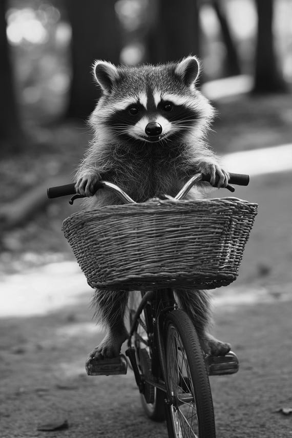 Raccoon Riding A Bike Funny Animal Wall Art Raccoon With Bicycle Funny Vintage Style Animal Photo Cute Retro Print Ai Art
