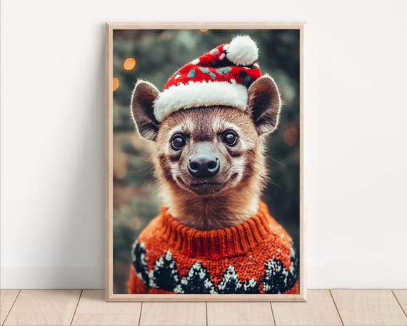 Cute Christmas Hyena Funny Christmas Wall Art Retro Winter Animals Christmas Home Decor Funny Hyena Photo Print Ai Art