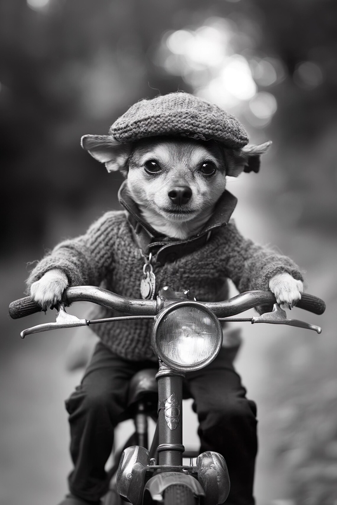 Dog Riding Vintage Bicycle Knit Cap Cute Black And White Poster
