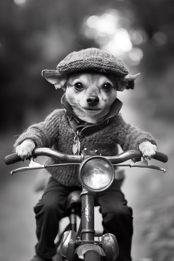 Dog Riding A Bike Funny Animal Wall Art Dog With Bicycle Funny Vintage Style Animal Photo Cute Retro Home Print Ai Art