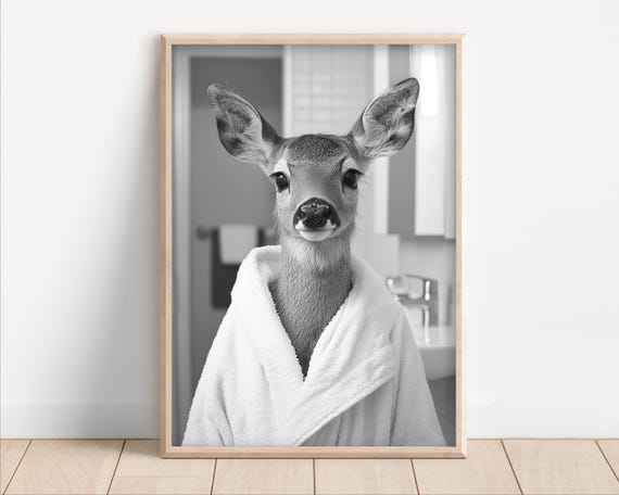 Deer In A Bathrobe Funny Bathroom Wall Art Funny Retro Vintage Style Animal Photo Cute Deer Wall Art Print Wall Art