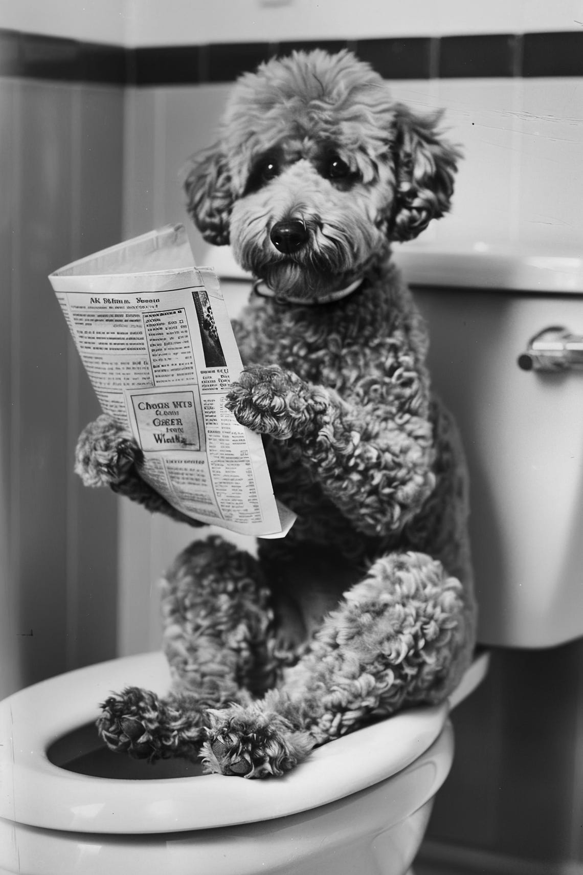 Dog Sitting On The Toilet Reading A Newspaper Funny Bathroom Wall Art Funny Vintage Style Animal Photo Animal Print Ai Art