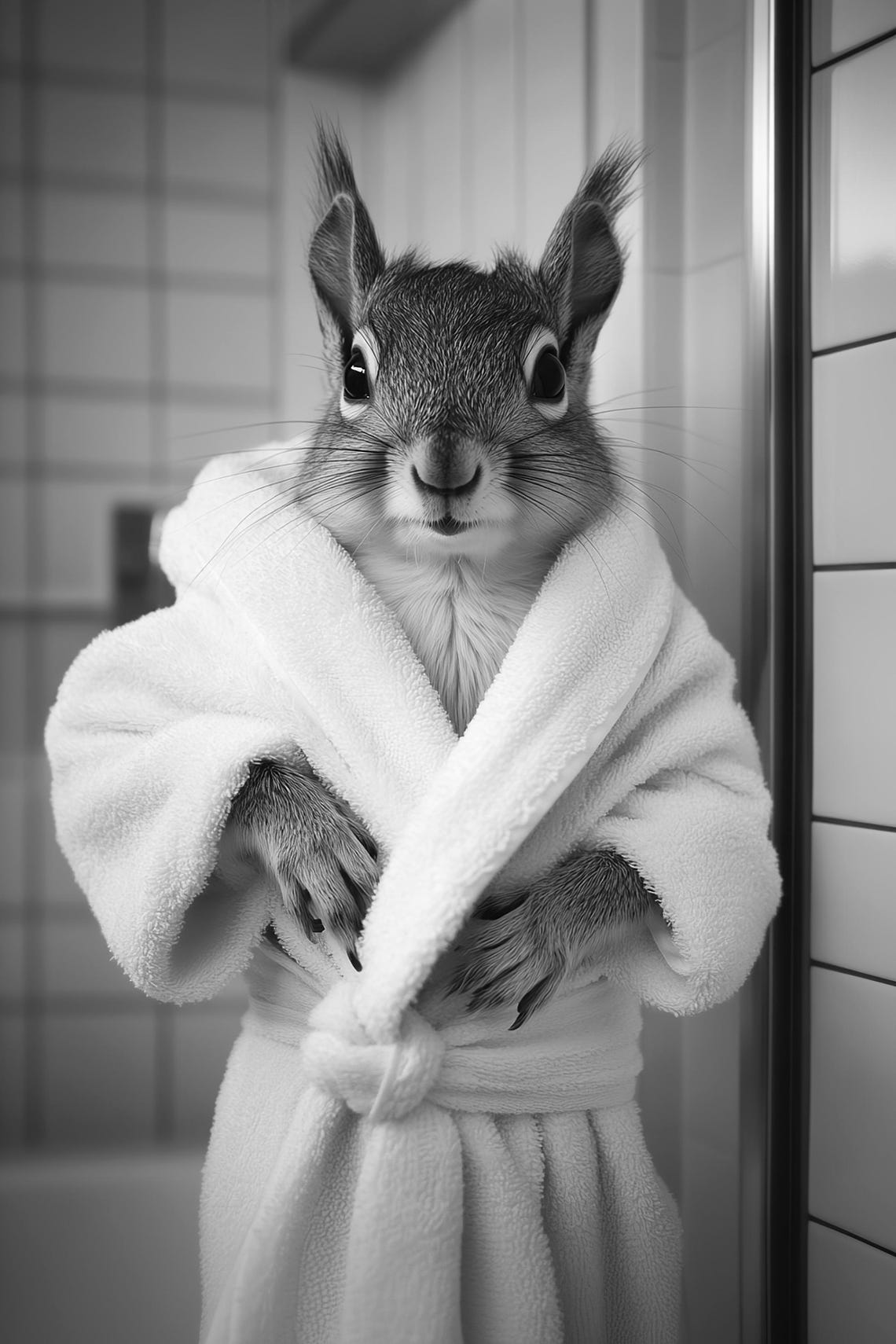 Charming Cute Squirrel Wearing White Bathrobe Black And White Poster - Image 2